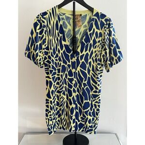 Twelve Layers Sz L Puff Sleeve Blue Lime Abstract Animal Print Artsy Retro